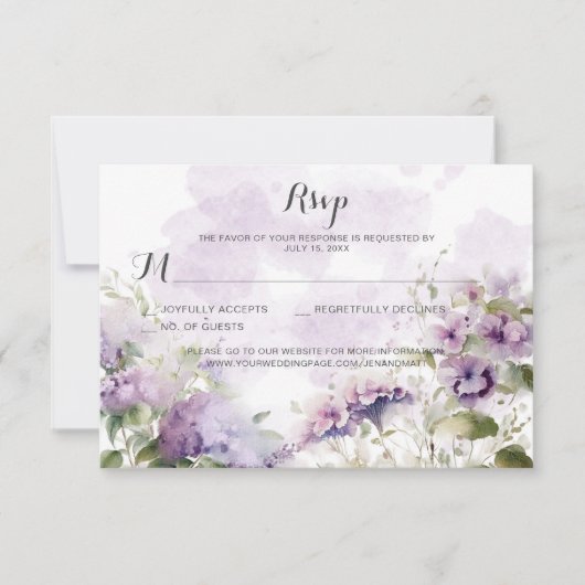 Rustikale Boho Lavender Lila Blumenhochzeit RSVP Karte (Vorderseite)