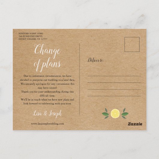 Rustikale Boho Lemons ändern das Datum des verzöge Postkarte (Rückseite)