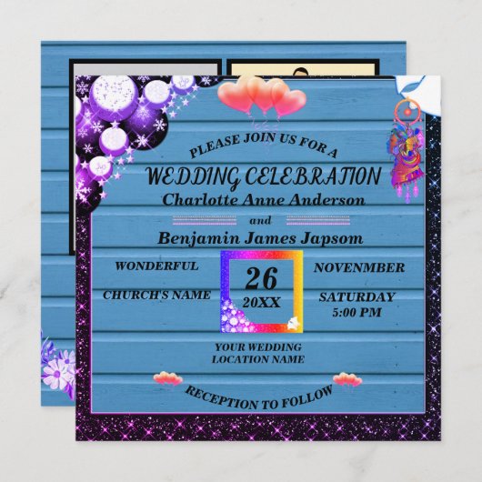 Rustikale Boho Lila Glitzer Blau Holzverheiratung Einladung (Vorne/Hinten)