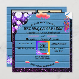 Rustikale Boho Lila Glitzer Blau Holzverheiratung Einladung