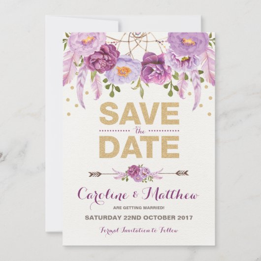 Rustikale Boho Lila Gold Floral Save the Date Kart (Vorderseite)
