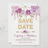 Rustikale Boho Lila Gold Floral Save the Date Kart