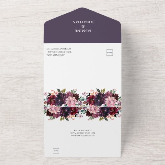 Rustikale Boho Lila Pflaumenrosa Rote Blumenhochze All In One Einladung (Außenbereich)