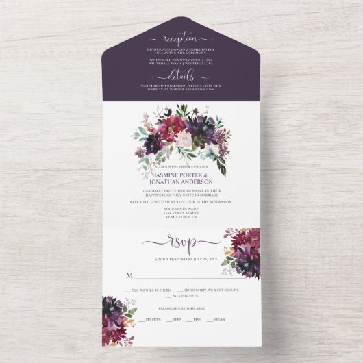 Rustikale Boho Lila Pflaumenrosa Rote Blumenhochze All In One Einladung (Innen Boden)