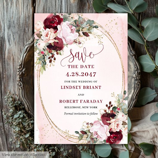 Rustikale Boho-Merlot-Rosa-Goldblumen Save the Dat Einladung