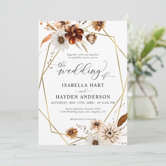 Rustikale Boho neutrale Floral Gold Rahmen Wedding Einladung (Stehend Vorderseite)
