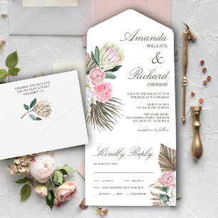 Rustikale Boho-Palm-Rosa-Protea-Hochzeit All In One Einladung