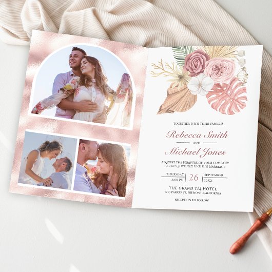 Rustikale Boho-Palm-Rosa-Rosen QR-Code-Hochzeit Einladung