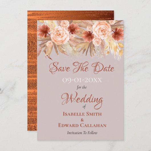 Rustikale Boho Pampas Grass & Copper Hochzeit Save The Date (Vorne/Hinten)