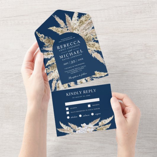 Rustikale Boho Pampas Grass Navy Blue Arch Wedding All In One Einladung (Abreißen)