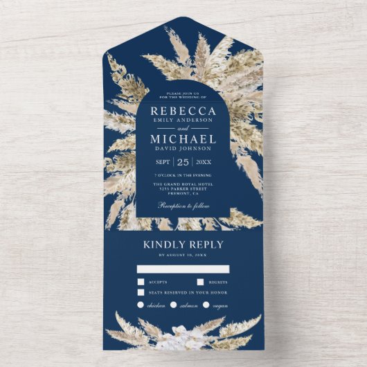Rustikale Boho Pampas Grass Navy Blue Arch Wedding All In One Einladung (Innen Boden)