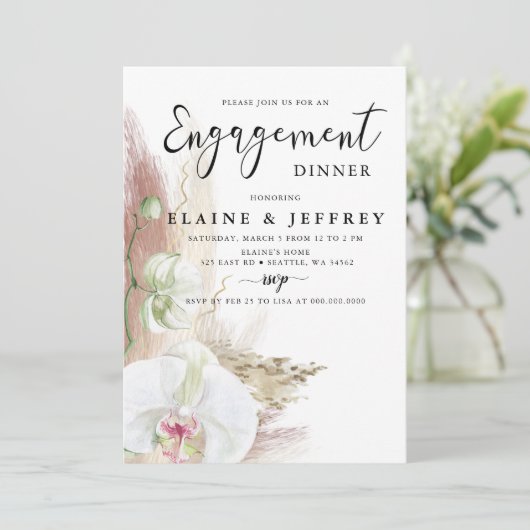 Rustikale Boho Pampas Grass Orchid Engagement Part Einladung (Stehend Vorderseite)