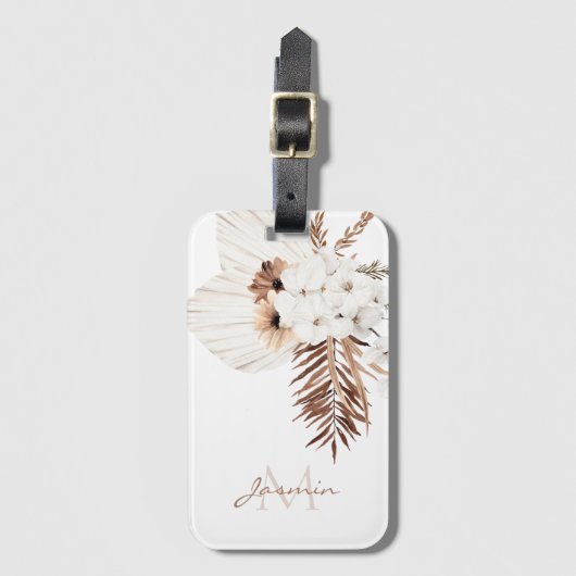 Rustikale Boho-Pampasgras-Blumenmonogramm Gepäckanhänger (Vorderseite Vertikal)