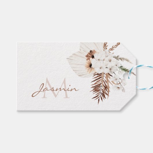 Rustikale Boho-Pampasgras-Blumenmonogramm Geschenkanhänger (Vorderseite (Horizontal))