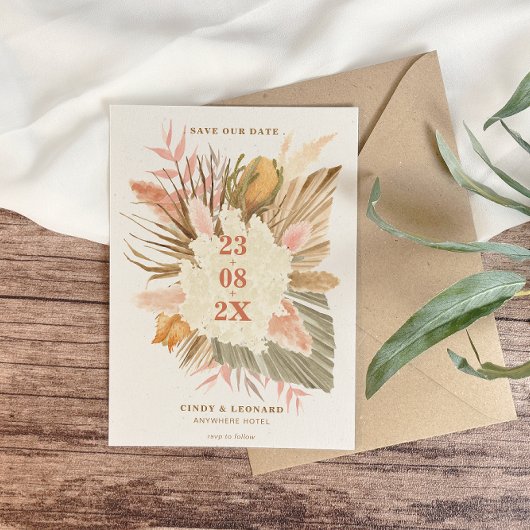 Rustikale Boho-Pampasgras-Hochzeit Save The Date