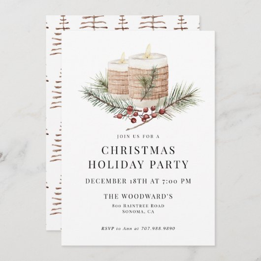 Rustikale Boho Pine & Candles Weihnachtsfeier Einladung (Vorne/Hinten)