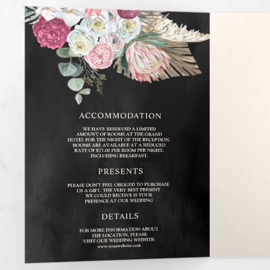 Rustikale Boho Pink Floral Pampas Black Wedding Dreifach Gefaltete Einladung (Innen Erste Seite)