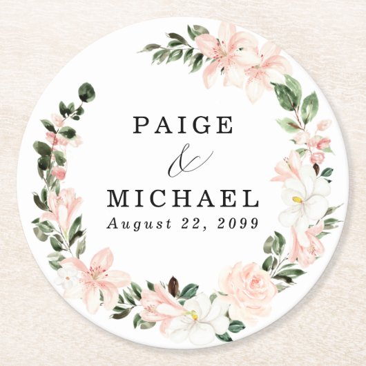 Rustikale Boho Pink White Floral Wedding Runder Pappuntersetzer (Vorderseite)