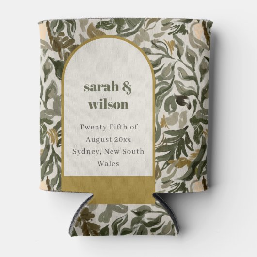 Rustikale Boho Retro Arch Grüne Botanische Hochzei Dosenkühler (Vorderseite)