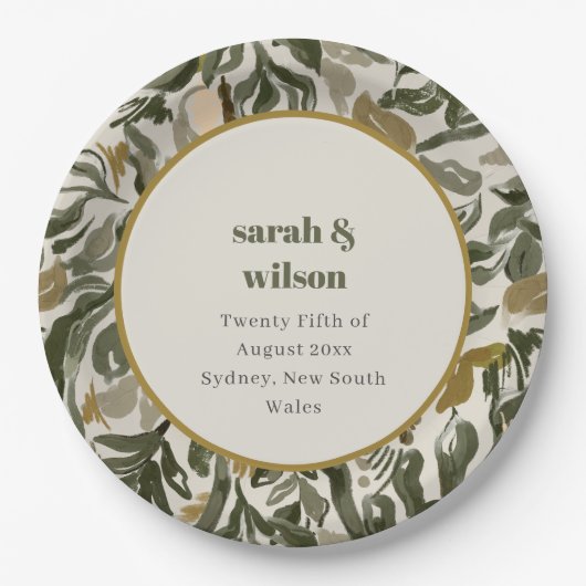 Rustikale Boho Retro Arch Grüne Botanische Hochzei Pappteller (Vorderseite)