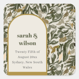 Rustikale Boho Retro Arch Grüne Botanische Hochzei Quadratischer Aufkleber