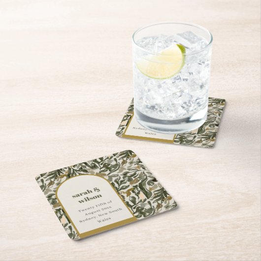 Rustikale Boho Retro Arch Grüne Botanische Hochzei Rechteckiger Pappuntersetzer (Vor Ort)