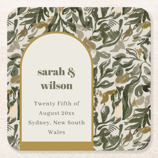 Rustikale Boho Retro Arch Grüne Botanische Hochzei Rechteckiger Pappuntersetzer (Vorderseite)