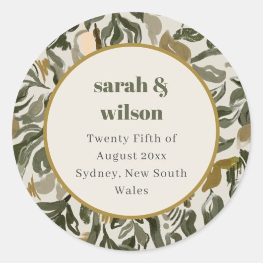 Rustikale Boho Retro Arch Grüne Botanische Hochzei Runder Aufkleber (Vorderseite)