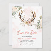 Rustikale Boho-Rosa-Blumen-Geweih-Hochzeit Save The Date (Vorderseite)