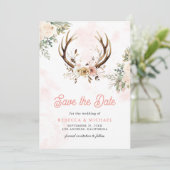 Rustikale Boho-Rosa-Blumen-Geweih-Hochzeit Save The Date (Stehend Vorderseite)