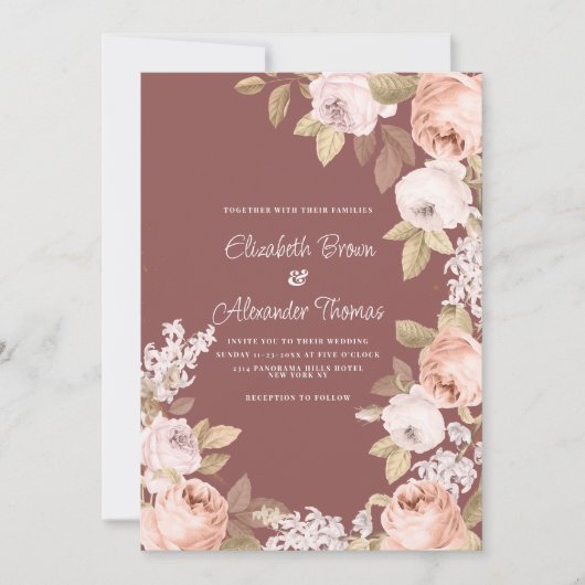 Rustikale Boho-Rosé-Burgunder-Grün-Blumenhochzeit Einladung (Vorderseite)