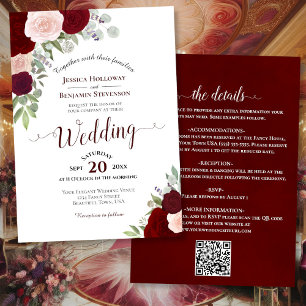 Rustikale Boho Rose Burgundy Blush QR Code Hochzei Einladung