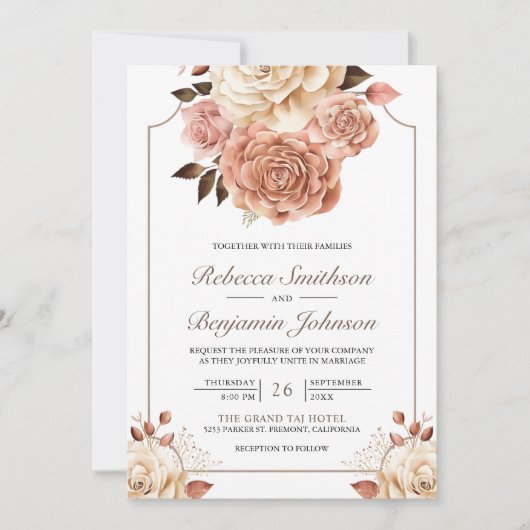 Rustikale Boho Rose Gold Elfenbeinblume QR Code Ho Einladung (Vorderseite)