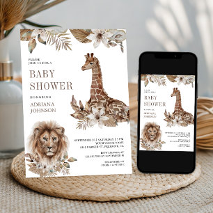 Rustikale Boho-Safari-Löwen- und Giraffen-Baby-Par Einladung