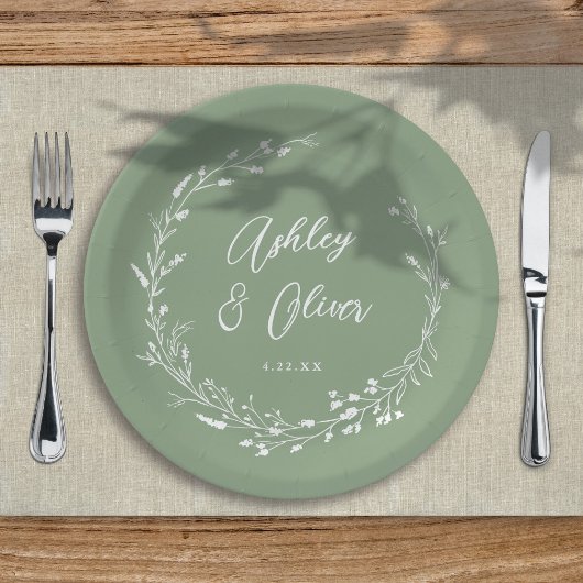 Rustikale Boho Sage Green Wildblume Blumenhochzeit Pappteller