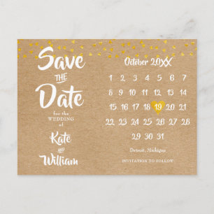 Rustikale Boho Save the Date Kalender Gold Herz Ankündigungspostkarte