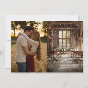 Rustikale Boho-Scheunen-Lichterketten Hochzeitsfot Save The Date