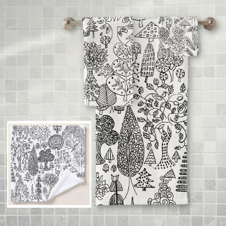 Rustikale Boho Schwarz-Weiß-Baum-Muster Badhandtuch Set