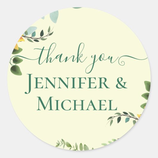 Rustikale BOHO Sonnenblumen Grüne Hochzeit Runder Aufkleber (Vorderseite)