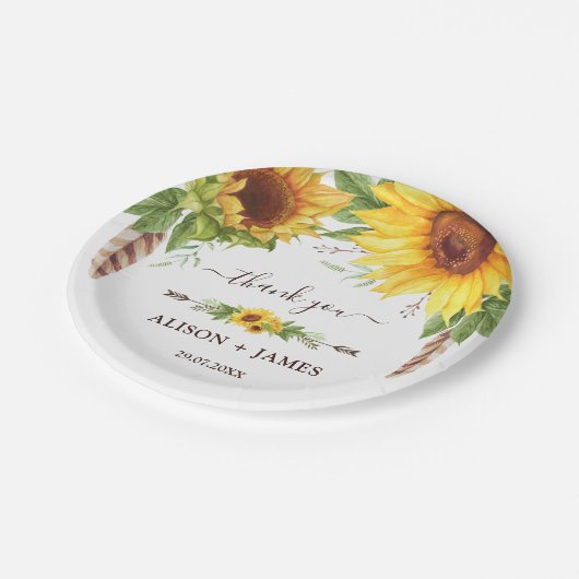 Rustikale Boho Sonnenblumen Hochzeitsfeier Favorit Pappteller (Schrägansicht)