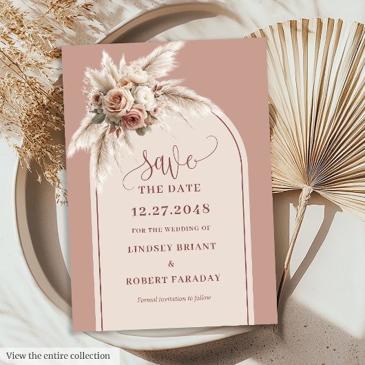 Rustikale Boho-Staubige Pinke Arch Blumen Save the Einladung