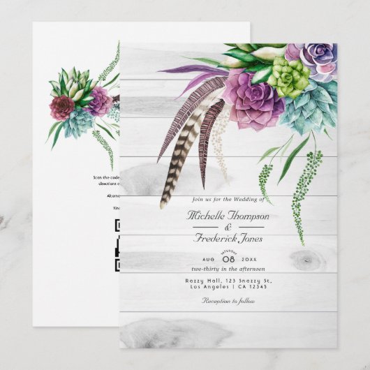 Rustikale Boho-Sukkulenten QR-Code-RSVP-Hochzeit Einladung (Vorne/Hinten)