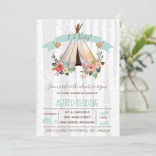 Rustikale Boho Teepee Gender Neutral Baby Dusche Einladung (Stehend Vorderseite)