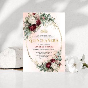 Rustikale Boho-Tiefrot-Blumen-Gold-Quinceañera-Ein Einladung