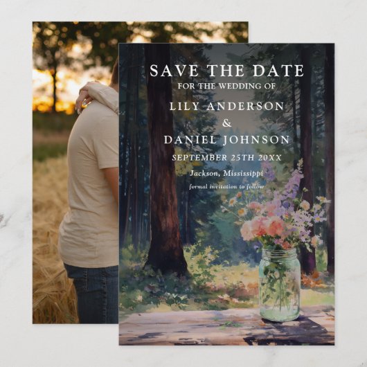 Rustikale Boho-Wald-Blumen-Mason-Glas-Foto-Hochzei Save The Date (Vorne/Hinten)