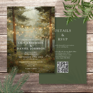 Rustikale Boho-Wald-Lichterkette QR-Code-Hochzeit Einladung