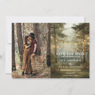 Rustikale Boho-Wald-Lichterketten-Hochzeitsfoto Save The Date
