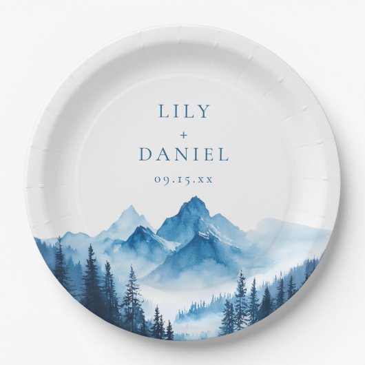 Rustikale Boho Wasserfarbe Blaue Berge Hochzeit Pappteller (Vorderseite)
