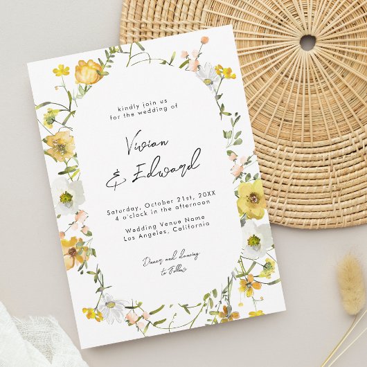 Rustikale Boho-Wasserfarbe-Gelbe Florale Hochzeit Einladung