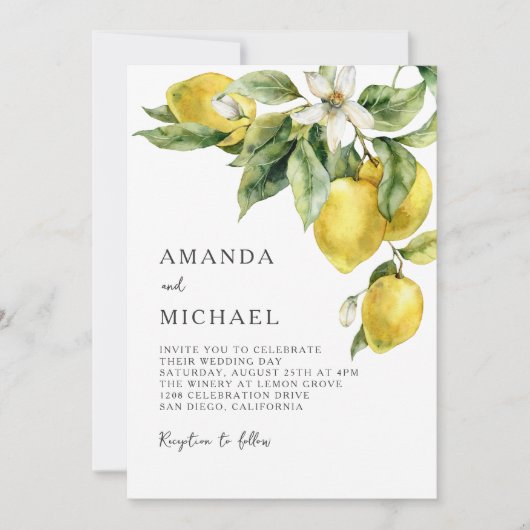 Rustikale Boho Wasserfarbe Zitronenfrüchte Zitrusf Einladung (Vorderseite)